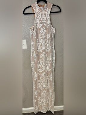 Southern Fried Chics White Sequin Lace Nude Maxi Dress Size M NWT